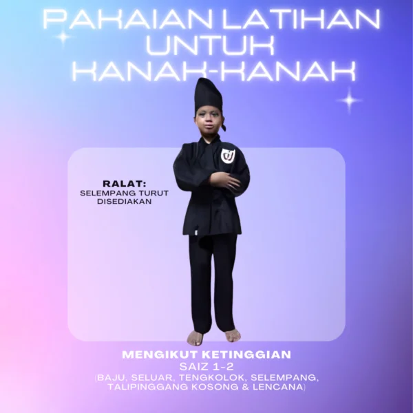 Pakaian Lengkap Latihan Silat Seni Kanak-kanak (dengan aksesori TANJAK/SAMPIN, talipinggang kosong, Lencana & Selempang)